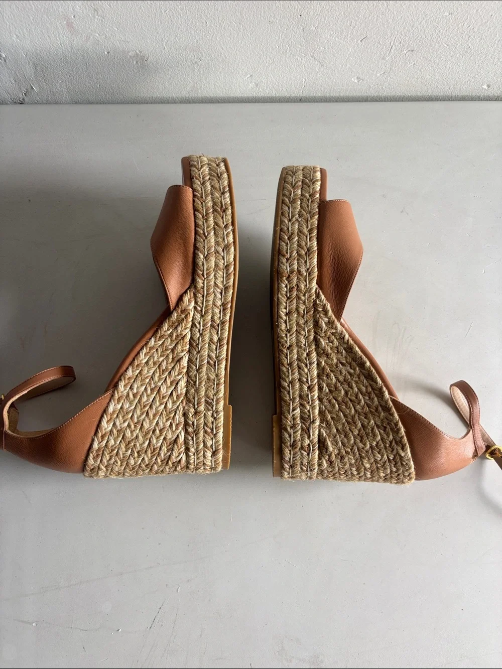 Stuart Weitzman Cognac Leather Espadrille Wedge Sandals